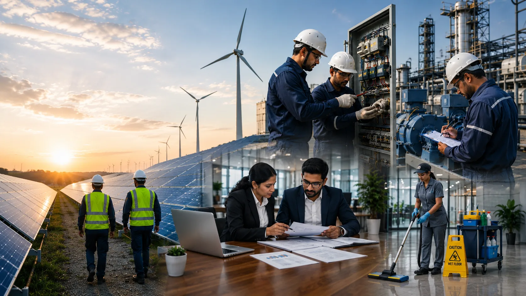Reams Energy teams at work across solar and wind sites, plant O&M, payroll and facility management